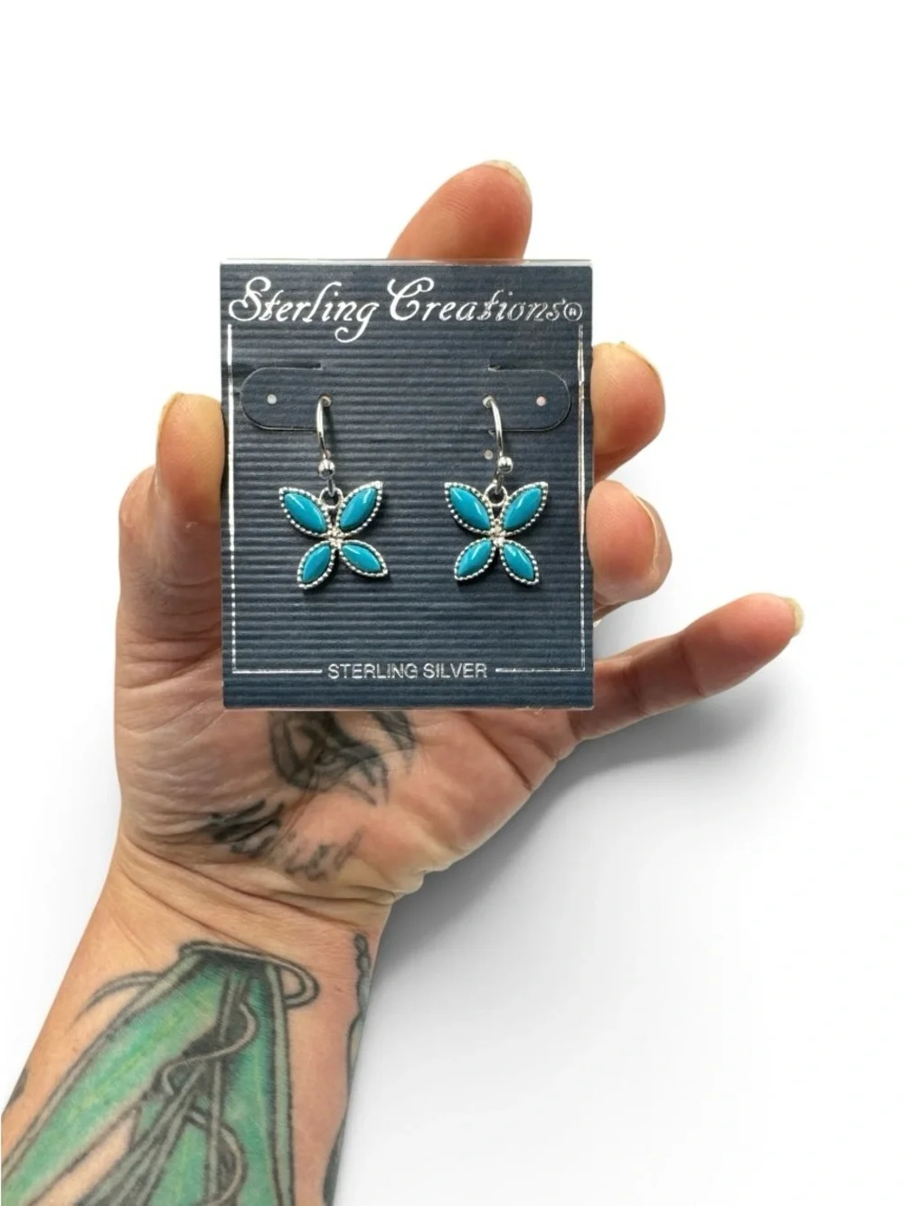 Vintage Southwest Sterling Silver Turquoise Butterfly Dangle Earrings 5/8”